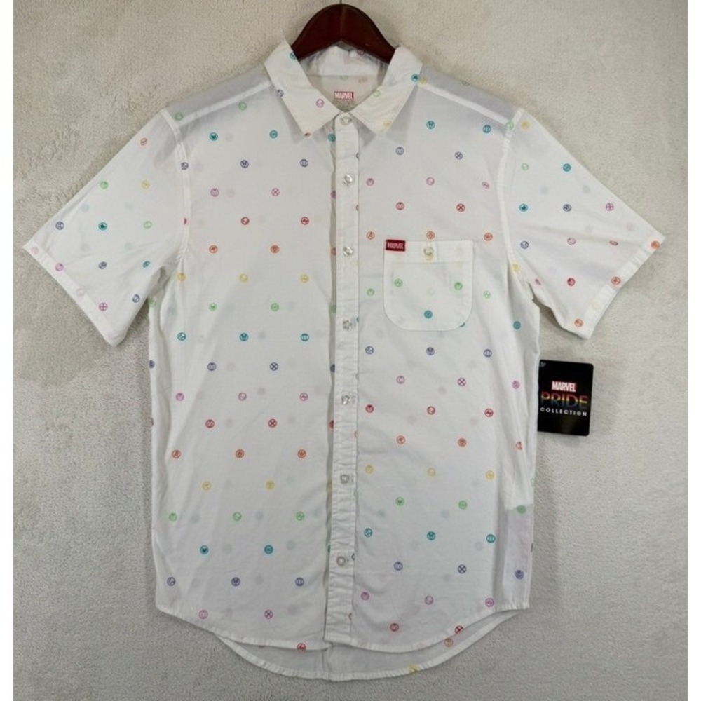 Marvel Pride Collection Mens S White Rainbow Superhero Logo Button Shirt-NWT
